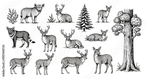 Vintage Deer and Forest Elements Illustration Collection.