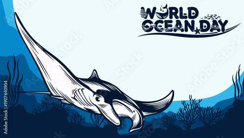 MANTA RAY BLUE OCEAN BACKGROUND WITH ANIMAL ILLUSTRATION