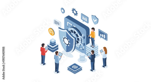 Digital vault security isometric vector illustration. Data protection secure storage and financial safety concept with small people managing information access.