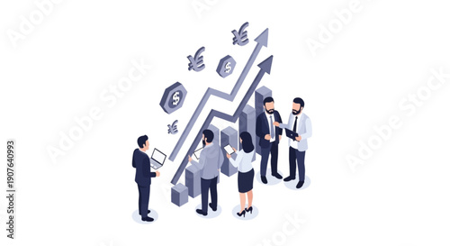 Isometric business team analyzing financial growth chart showing rising profits and market success with currency symbols (Dollar Euro Yen)
