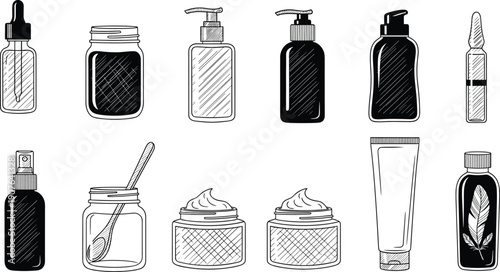 Cosmetic bottle and jar line art set, skincare containers dropper pump tube ampoule vector illustration beauty packaging collection
