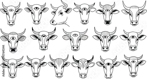 Cow head line art collection, hand drawn cattle faces with horns farm animal vector illustration set agricultural design elements