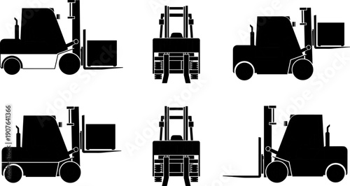 Forklift truck silhouettes set, warehouse cargo handling vehicles with pallet lifter industrial transport vector illustration collection logistics equipment