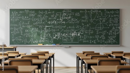 Classroom Scene - Blackboard Full of Equations and Empty Desks.