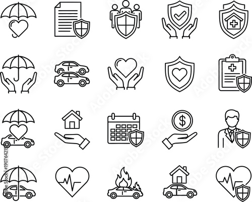 Black and white icons set with silhouette of insurance and protection
