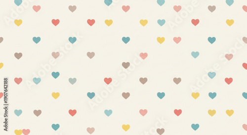 A colorful vector graphic of small hearts in various pastel colors on a cream background