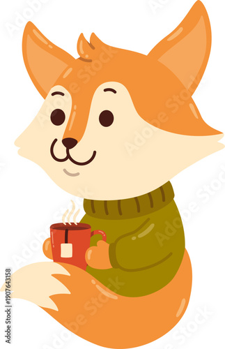 Cute Fox Character wear Green Sweater Holding a Hot Beverage Tea Cup