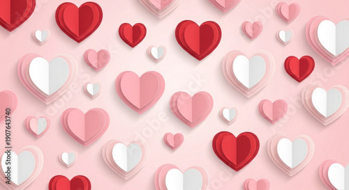 A colorful illustration of various sized hearts in red, pink, and white on a soft pink background