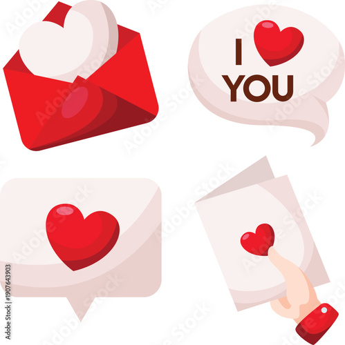 Romantic love message icons with hearts on white background, cute envelope, speech bubble and letter illustrations, Valentine symbols expressing affection and relationships
