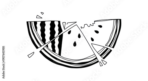 Abstract Watermelon Slice Illustration, Hand-drawn, Black and White