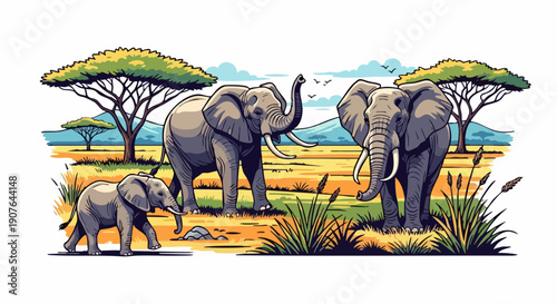 A beautiful artistic illustration of a majestic elephant family.