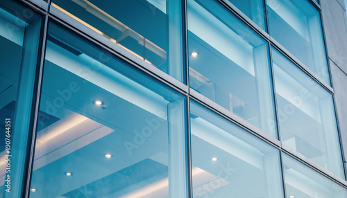 Blue modern glass curtain wall with slim aluminum mullions. Close-up of a professional corporate office building facade with soft interior lights and sky reflections.