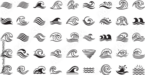 Collection of various hand drawn wave and sea swirl designs