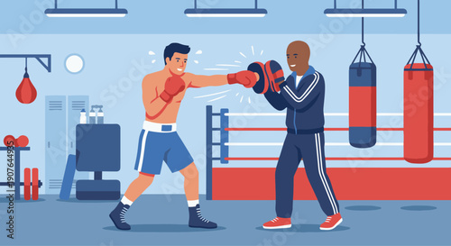 You said
 Boxer Practicing with Coach

Flat vector illustration of a boxer training with a coach holding focus mitts. Boxer throwing punches. Flat vector style, coaching and improvement theme.