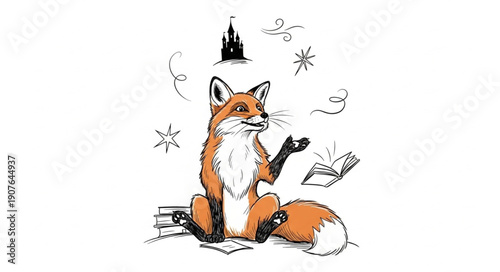 Whimsical Fox Juggling Winter Elements and Books.