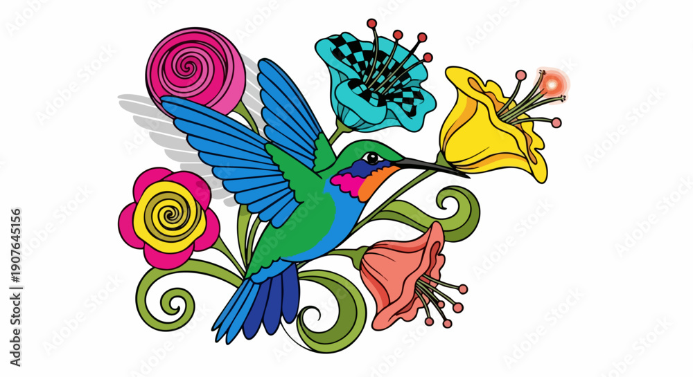 Obraz premium Vibrant Hummingbird in Flight Surrounded by Colorful Flowers.