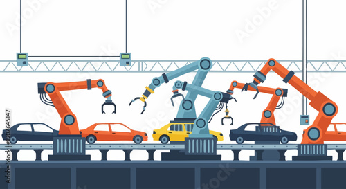 Automotive Assembly Line with Robotic Arms Building Cars.