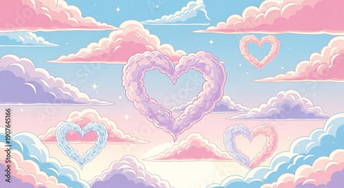 A whimsical vector graphic of pastel hearts floating among fluffy clouds in a serene sky