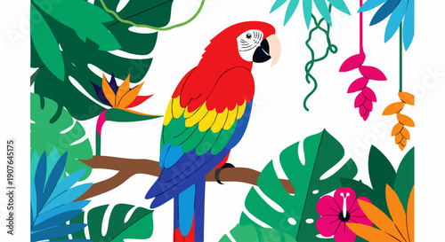 Colorful parrot perched on a branch amidst tropical foliage.