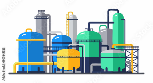 Industrial Chemical Plant with Storage Tanks and Pipelines.