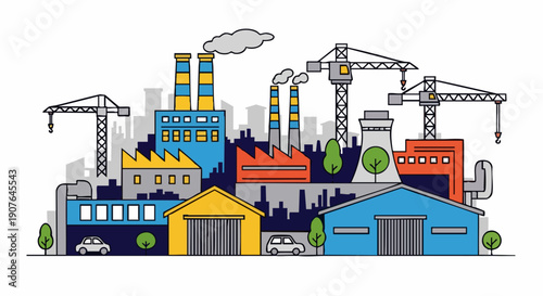 Industrial Factory Complex with Cranes and Buildings.