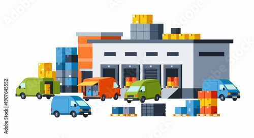 Warehouse Distribution Center with Delivery Trucks.