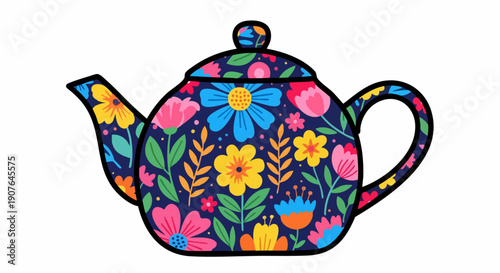 Colorful Floral Teapot Illustration.