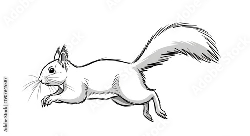 White Squirrel Running Sketch Drawing.