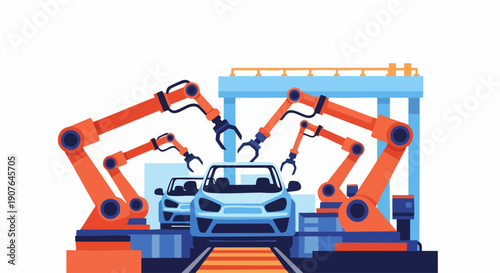 Automated car manufacturing process with robotic arms.
