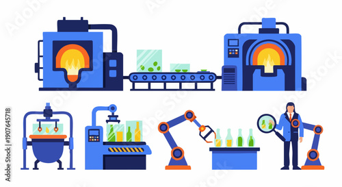 Vector Illustration Set of Glass Production and Factory Equipment.
