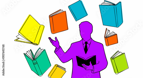 Person in purple suit juggling colorful books representing knowledge and education.