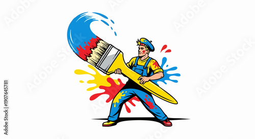 Creative artist character holding a giant colorful paintbrush.