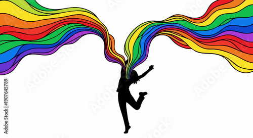 Silhouette of a Person Jumping with Rainbow Waves Emanating from Head.