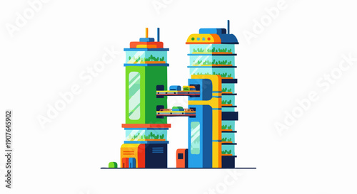 futuristic multi-level building design with vertical gardens.