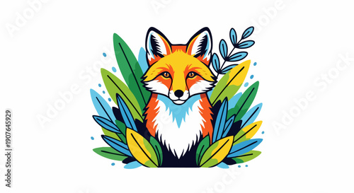 Vibrant fox illustration surrounded by lush green and blue foliage.