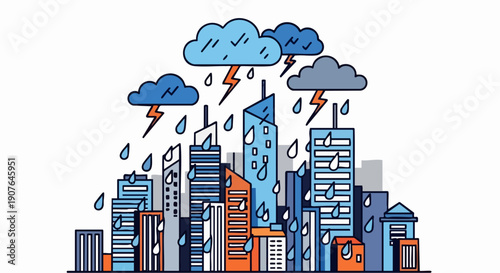Urban City Skyline During a Rainy Thunderstorm Illustration.