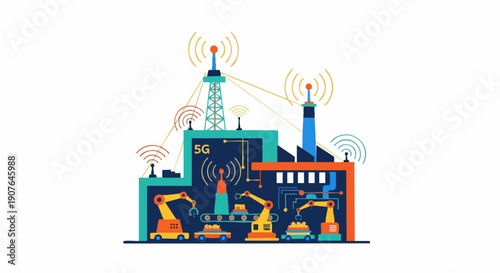 Smart Factory with 5G Technology and Robotic Arms Illustration.