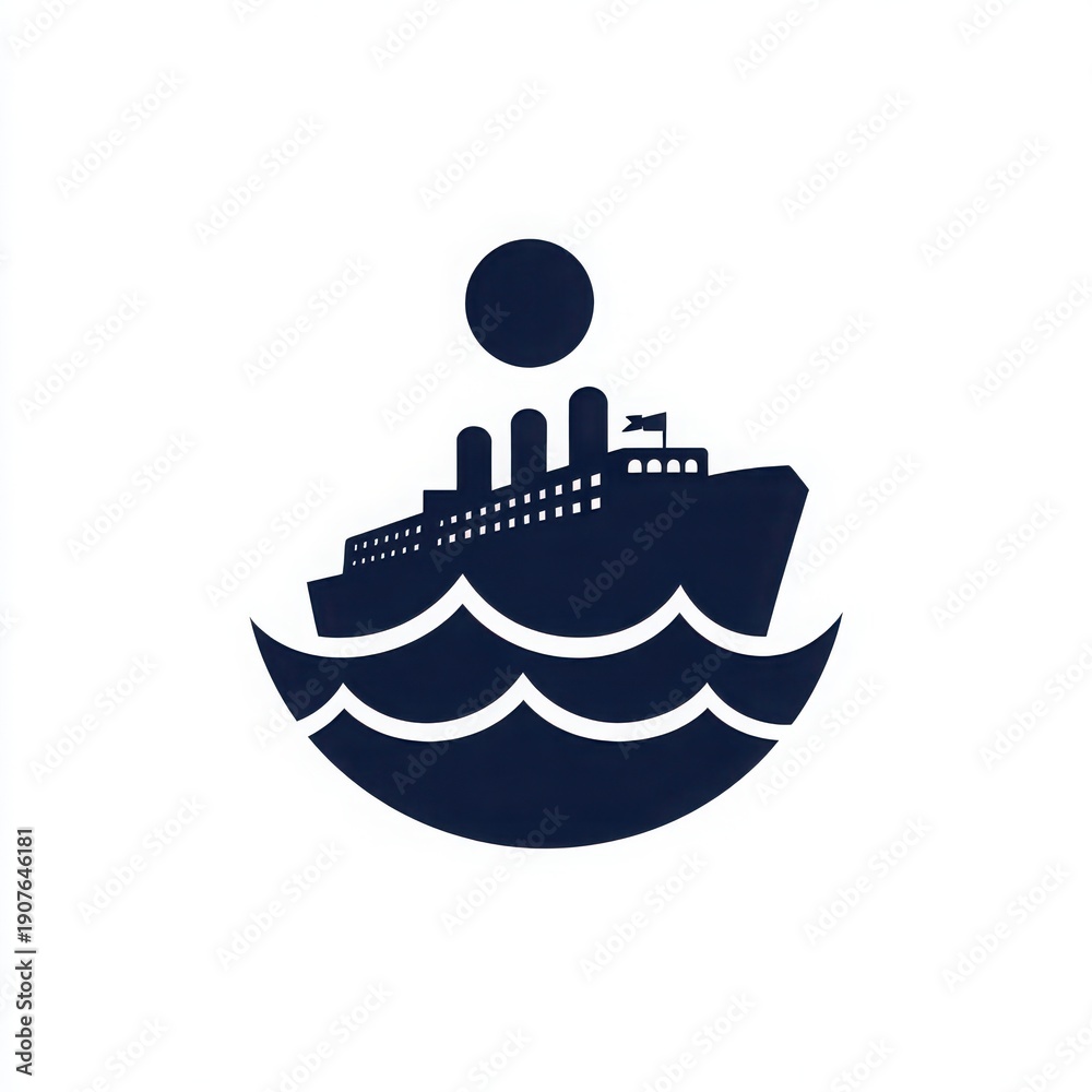 Naklejka premium Stylish Cruise Ship Illustration with Waves and Rising Sun