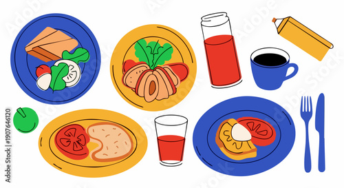 Hand drawn doodle style breakfast and lunch meals with beverages and utensils.