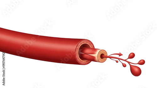 Damaged red artery with blood leakage, medical illustration, close-up view