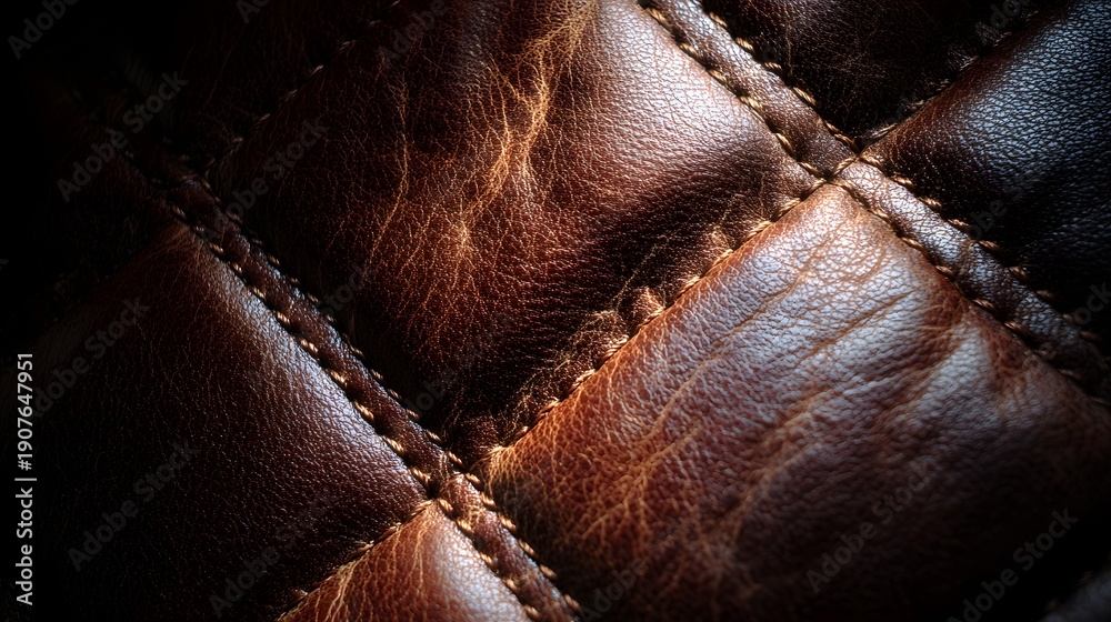 Obraz premium Close-up Macro Shot of Rich Brown Leather with Diamond Stitching Texture.