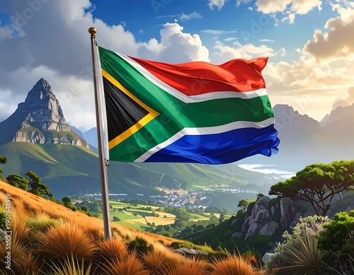 A vibrant South African flag waves before majestic mountains and a valley