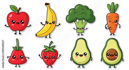 set of funny vegetables and fruits