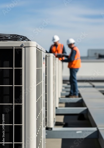 H V A C units with workers on rooftop HVAC air conditioning