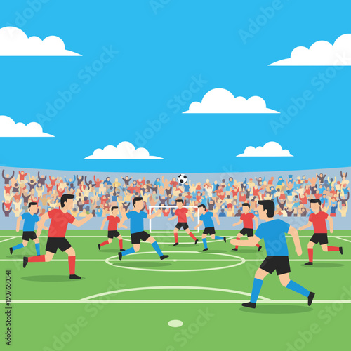Soccer Match Scene with Players and Crowd Under Blue Sky