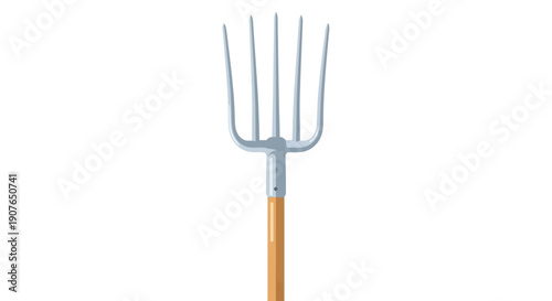 A pitchfork with a wooden handle is centered in the image from a front viewpoint