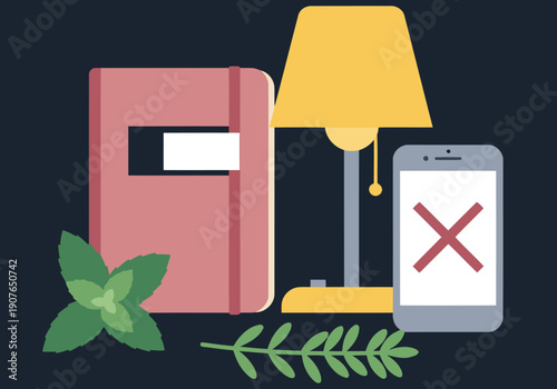 Create a calming bedtime routine. A book, lamp, phone with a 'no' symbol, and mint leaves evoke relaxation and digital detox. Perfect for sleep hygiene content.