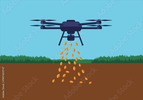 A drone precisely seeds a farm field with seeds. Modern agricultural technology, showcasing efficient farming practices. Clean, vector illustration.