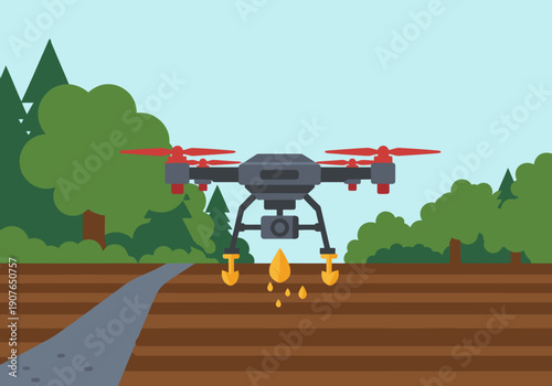 A drone precisely seeds a field, showcasing precision agri technology. Modern, vibrant illustration highlights agricultural innovation and sustainable farming.