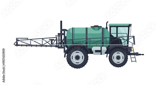 A large green tractor with spraying equipment attached is viewed from the side on a white background